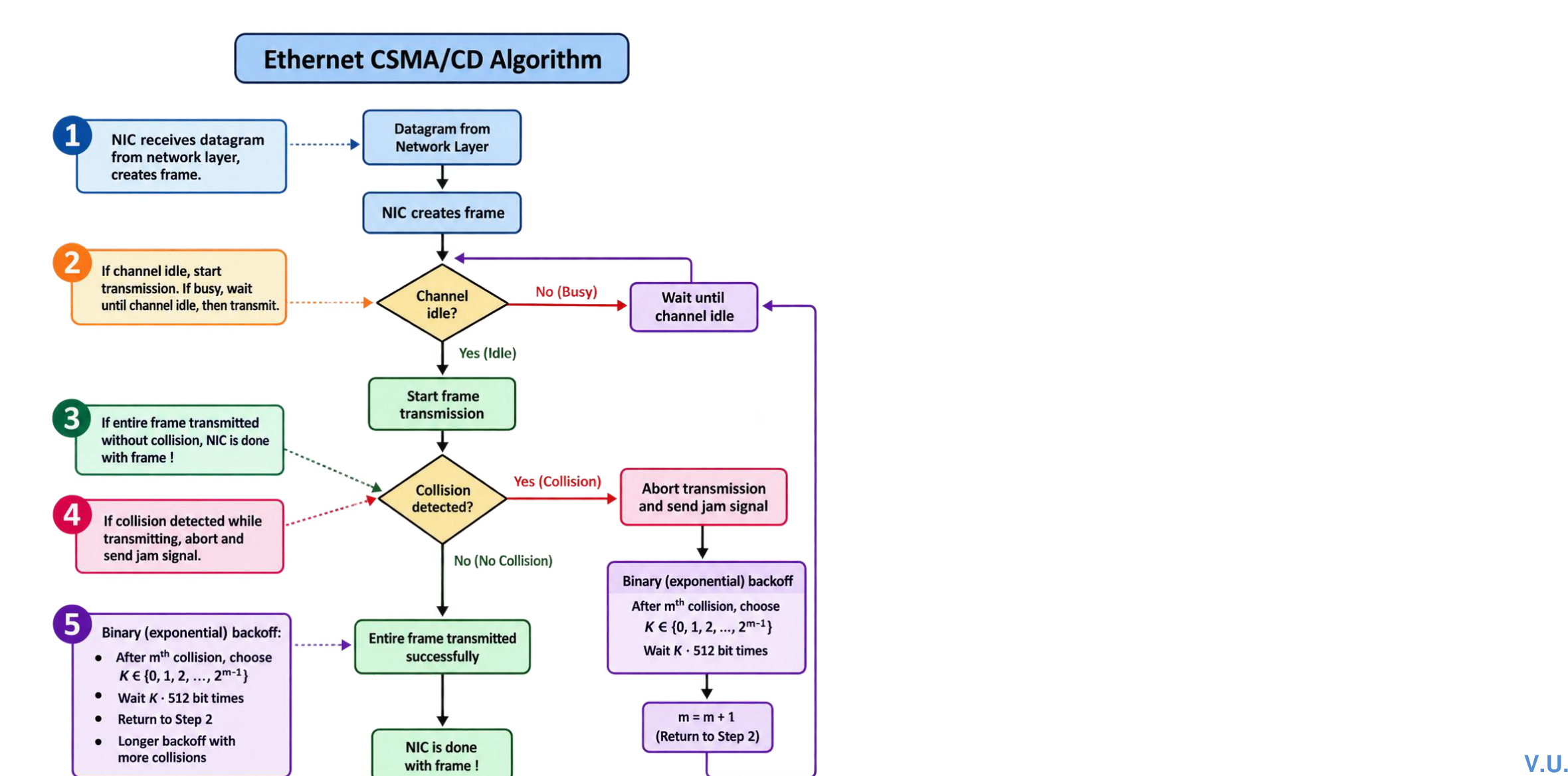 Ethernet CSMA CD flow from carrier sensing through backoff and successful transmission